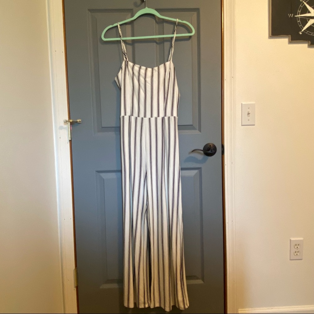 Forever 21 White and Black Striped Jumpsuit Long
